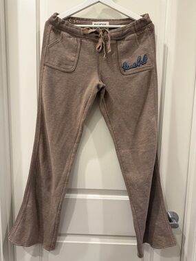 Ruehl No.925 vintage Y2K Taupe Flared Track Pants with Blue Logo